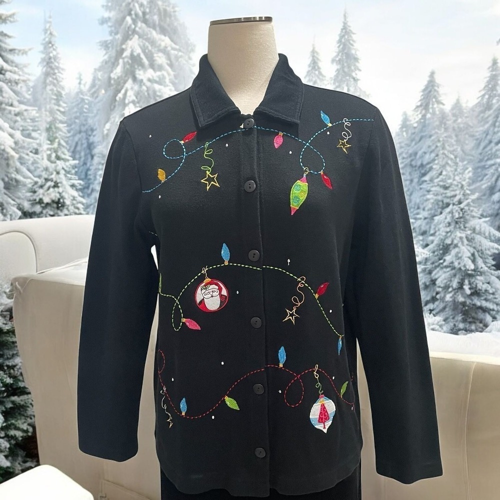 Onque Casuals Christmas Lights Embroidered Cardigan‎ L Holiday Sweater Festive
